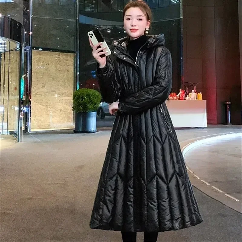 2023New Long Down Cotton Coats Womens Black Parkas Winter Warm Jacket Female Hooded Cotton-padded Coat Thicken Warm Puffer Coat