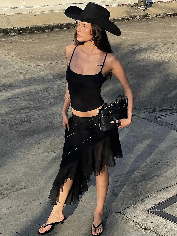 Weird Puss Sexy Vacation 2 Piece Set Women Elegant Sleeveless Camisole+Rivet Mesh Patchwork Irregular Hem Skirt Party Streetwear