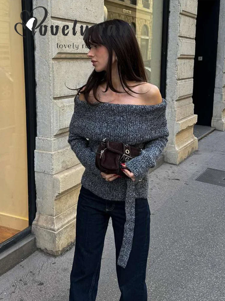 

Lazy Solid Slash Neck Knit Women Sweater Sweet Full Sleeve Pleated Female Pullover 2025 Spring All Match Slim Lady Knitwear