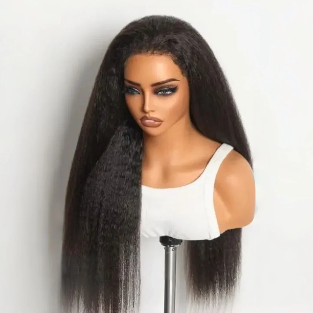

24 Inch Kinky Straight Yaki Natural Black Soft Long Glueless Lace Front Wig For Women With Baby Hair Synthetic Preplucked Daily