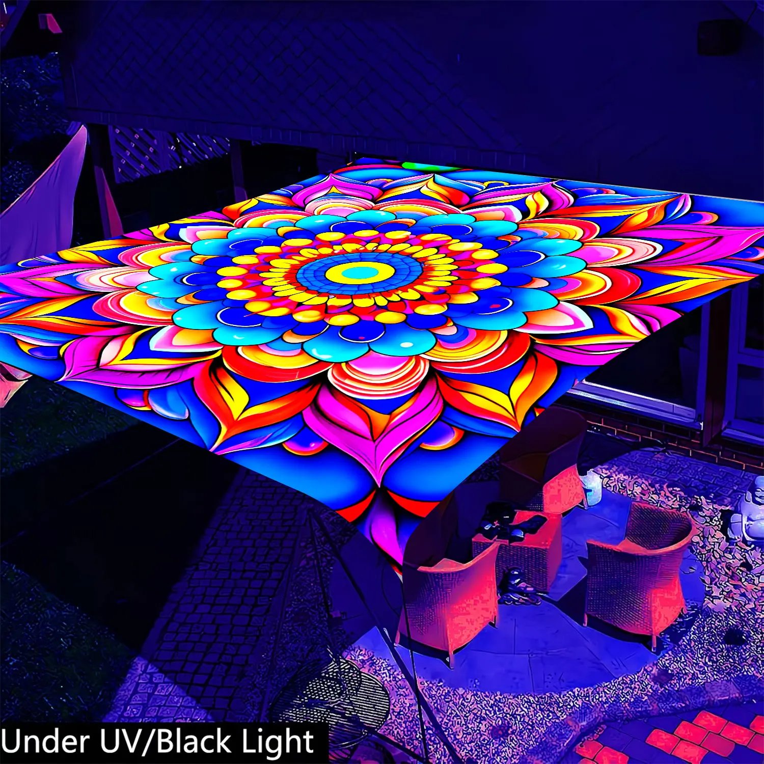 1 pieza de toldo vibrante 3D Datura con efecto fluorescente brillante para uso nocturno con una compleja simetría radial y efecto caleidoscópico.