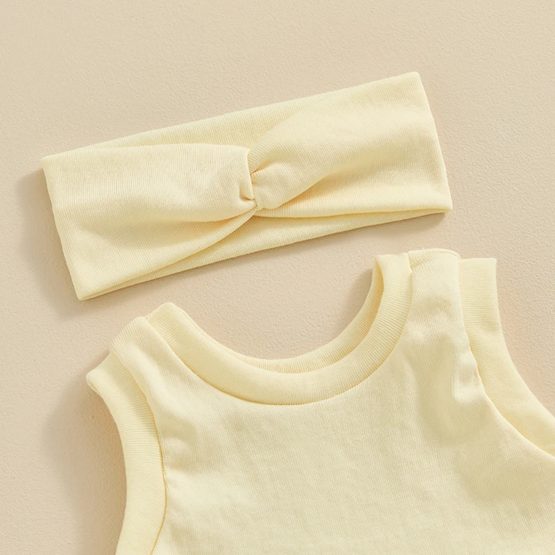 Infant Girl Summer Outfit 3pcs Sleeveless Cami Crop Top Ruffle Shorts with Elastic Waist Solid Outfit Headband 2pcs