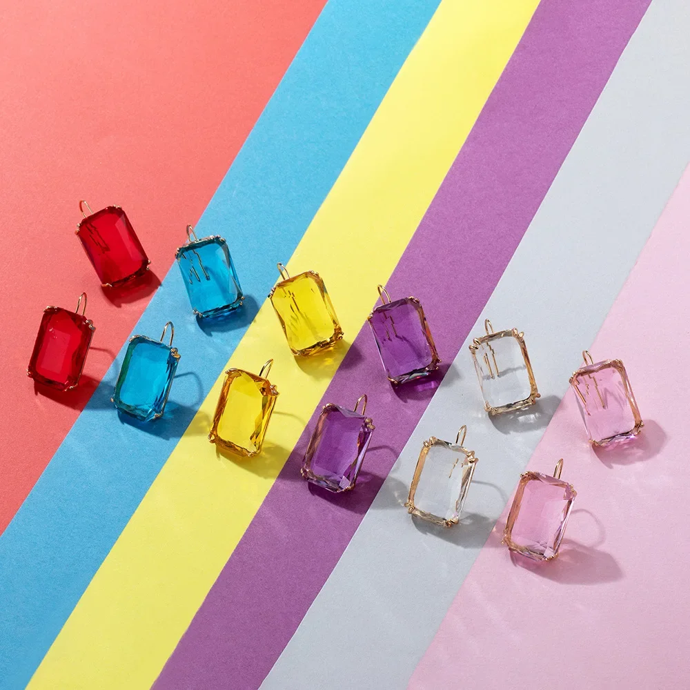 Statement Exaggerated Simple Square Resin Big Candy Color Clear Stone Pendant Hook Drop Earrings for Women Party Jewelry