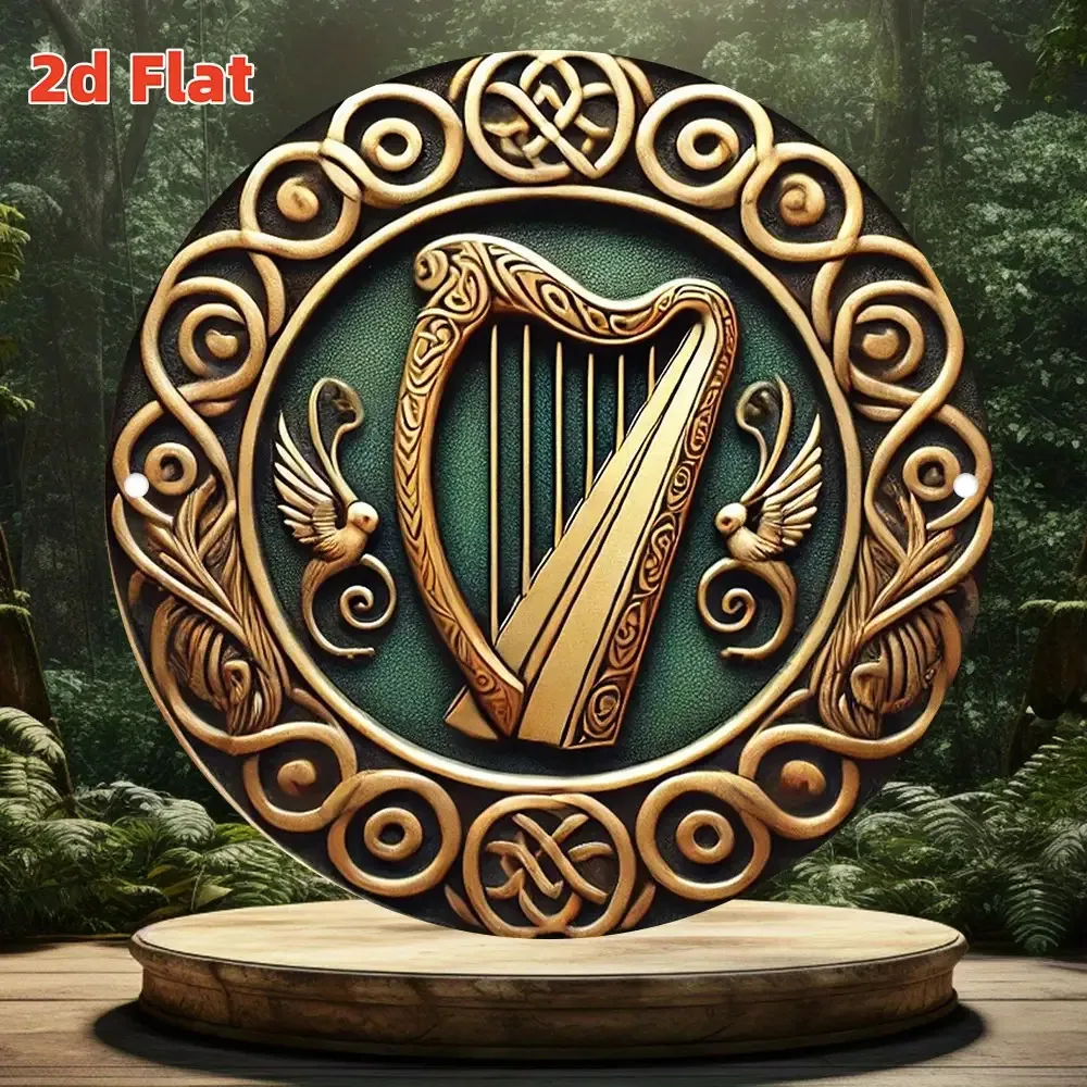 Vintage Irish Harp Celtic Wall Sticker - 2D Hollow-Out Metal Decal, Green & Bronze Badge, Peel & Stick Art for Home, Bar, Man Ca