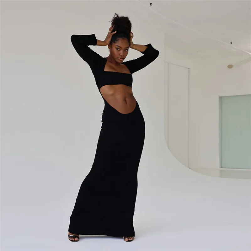 

European And American Style Women'S Autumn And Winter Sexy Slim Fit Hollow Out Strapless Backless Solid Color Temperament Long S