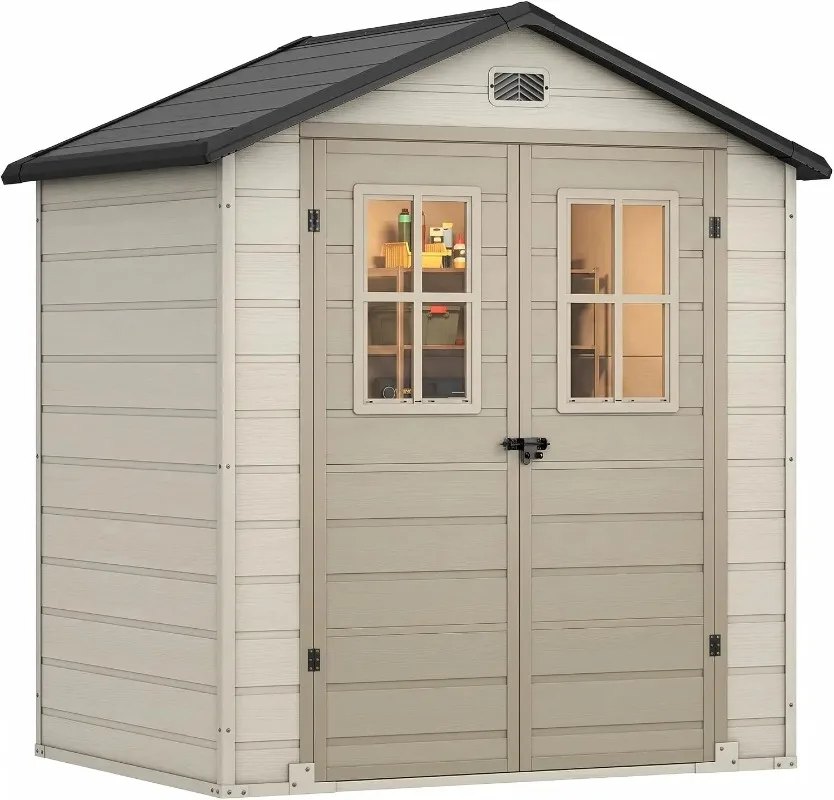 ^6x4.4 FT Outdoor Storage Shed, Plastic Garden Tool Shed with 2 Windows, Double-Wall Outside Shed for Lawn Mower, Garden Shed