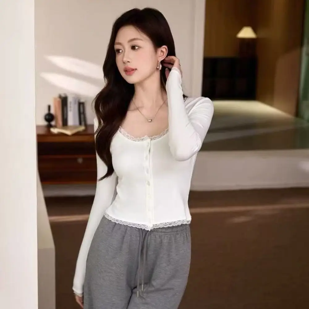 Solid Color Women Lace Trim T-shirt Short Style Pure Desire Long Sleeve T-shirt Slimming Fit Korean Version Slim Fit Cardigan