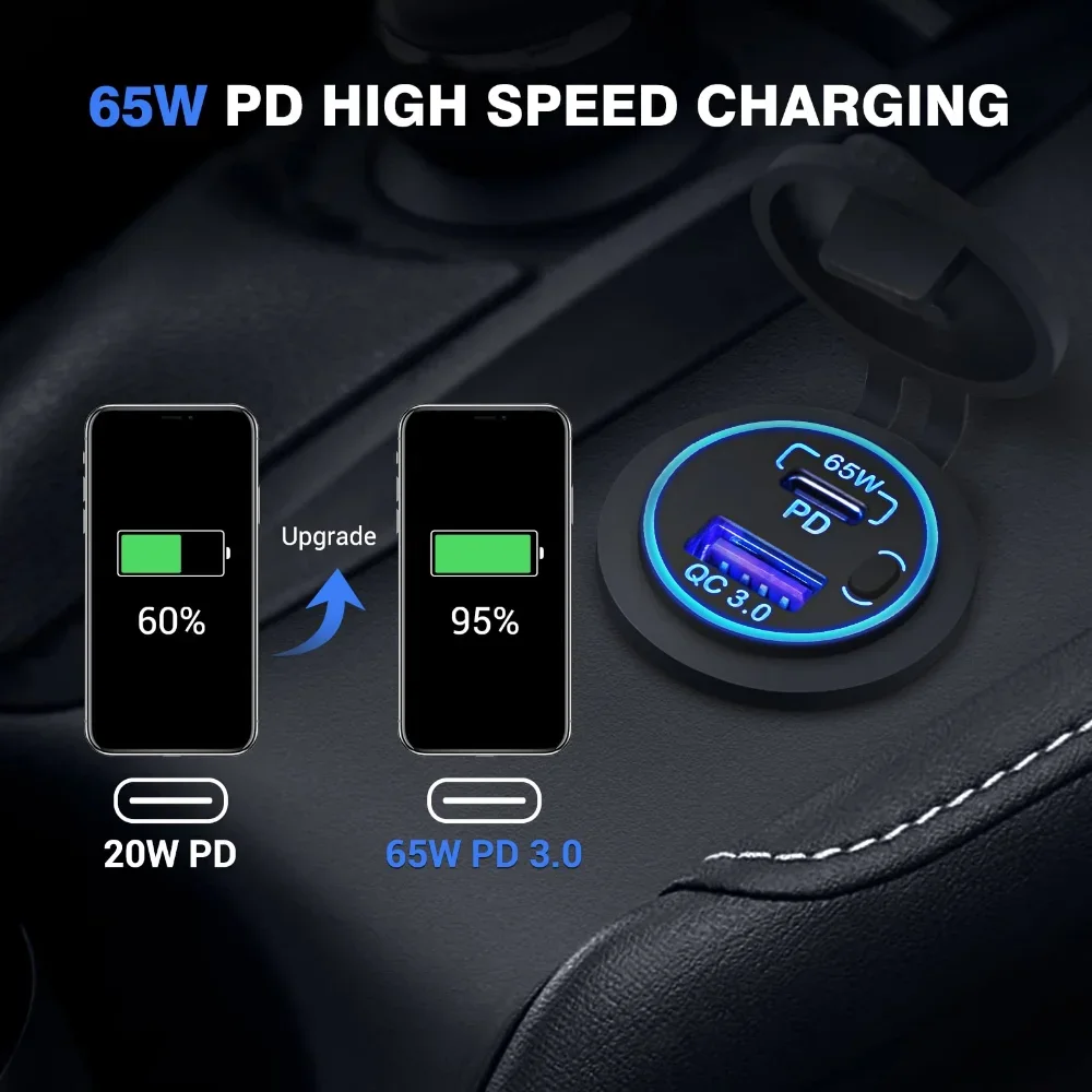 Charger LAPTOP เต้ารับ USB แบบ83W 12V 65W PD3.0 USB-C & 18W QC3.0ช่องเสียบพอร์ต USB สำหรับรถยนต์กันน้ำพร้อมสวิทช์ไฟสำหรับรถ RV