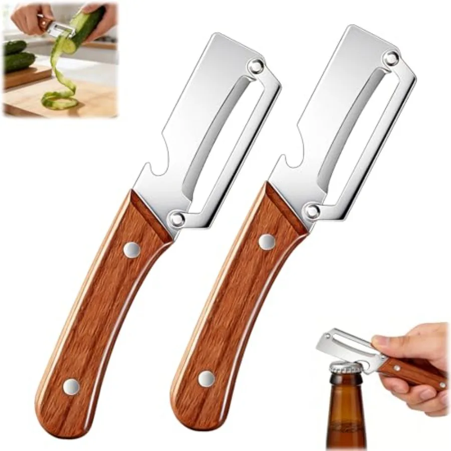Premium Vegetable Peeler with Wooden Handle and Bottle Opener, 2-in-1 Stainless Steel Kitchen Tool for Fruit Potato Zucchini Pu