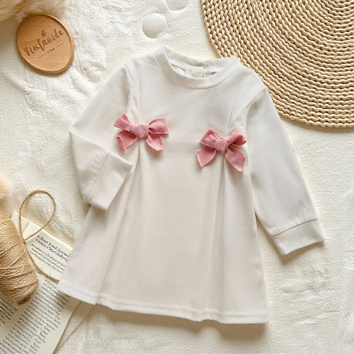 Baby Girls Autumn 2025 New Fashion Long Sleeve Solid Round Neck Casual Dress With Bow For 1-3Y Daily Wear