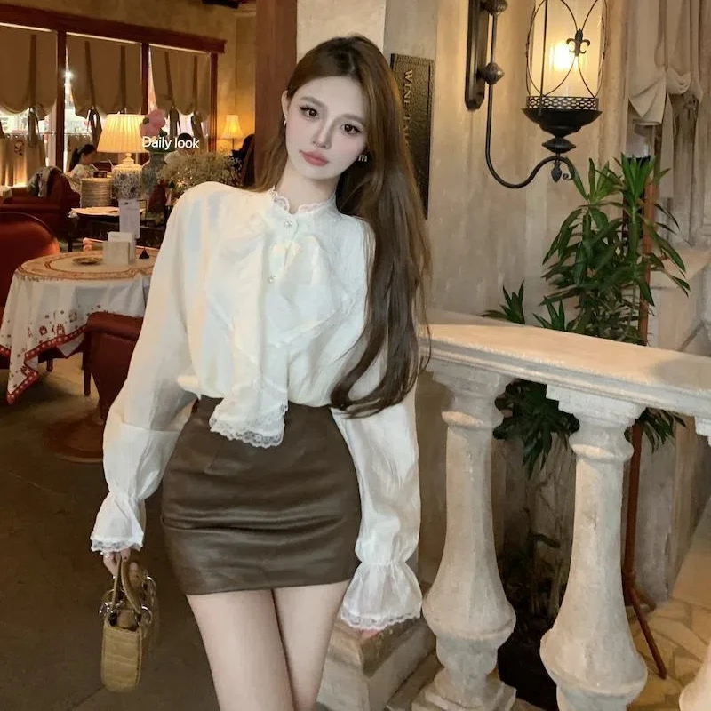 Women Clothing Temperament Lace Patchwork Shirt Tops Spring Autumn New Solid Pleated Patchwork Elegant Blouse Fashion Korean