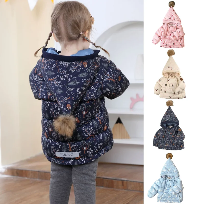 

Пуховик для девочек, осень/зима 202, Новое поступление, утепленное детское пальто с капюшоном и принтом, детская хлопковая куртка на белом утином пуху