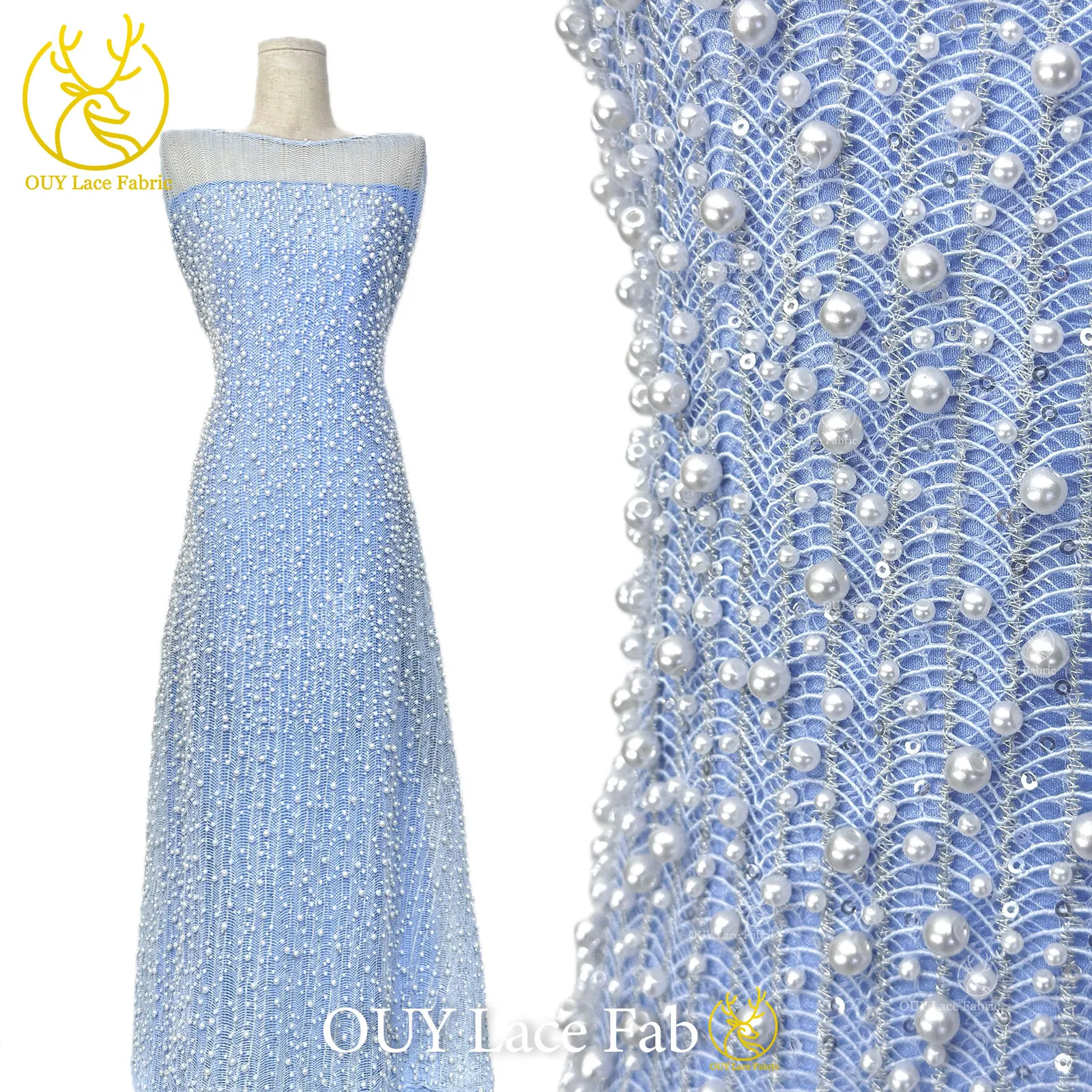 

New Design African Large Pearl Lace Fabric 2026 Nigerian Beaded Sequins Lace Fabric For Evening Party Dress Sewing 5 Yards