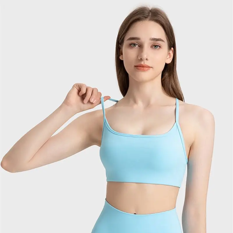 Solid Color Square Collar Women Fitness Bra Shockproof Yoga Sport Top With Pad Gym Hollow Cross Back Comprehensive Training Jog