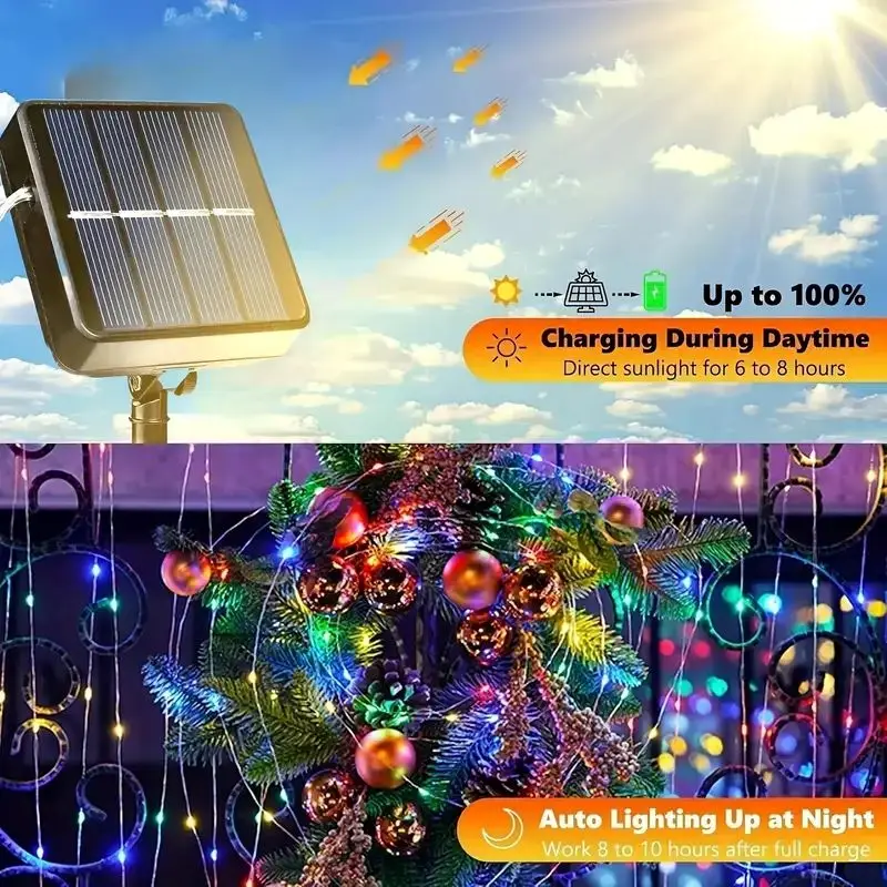 LED Solar Outdoor String Light Waterproof Fairy Light with 8 Modes Porch Fence Garden Christmas Tree Courtyard Party Decoration