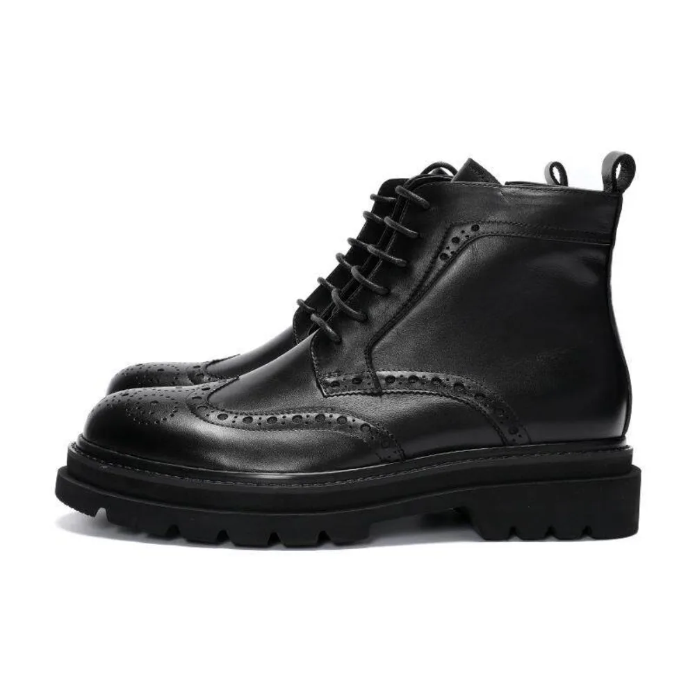 Genuine Full Leather Mens Brogue Carved Ankle Boots Thick Sole Casual Versatile Fashion Short Boots