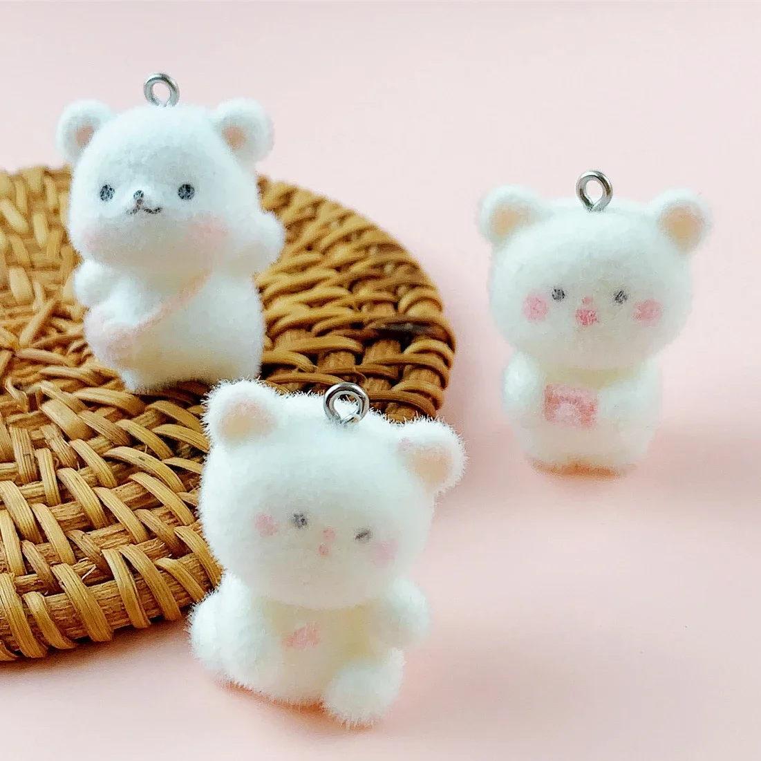 

30pcs 3D Kawaii Flocked Animal Doll Charms Cartoon Resin bear Pendant For Keychains Earring DIY Jewelry Making Accessories