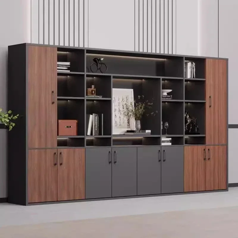Premium Senior boss's office desk, file cabinet with lock, data cabinet, background storage, wooden modern office file bookshelf
