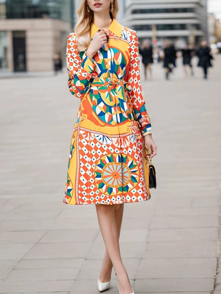 Fashion luxury ladies printed lapel long-sleeved belt windbreaker coat Spring and Autumn new single-breasted retro Joker dress