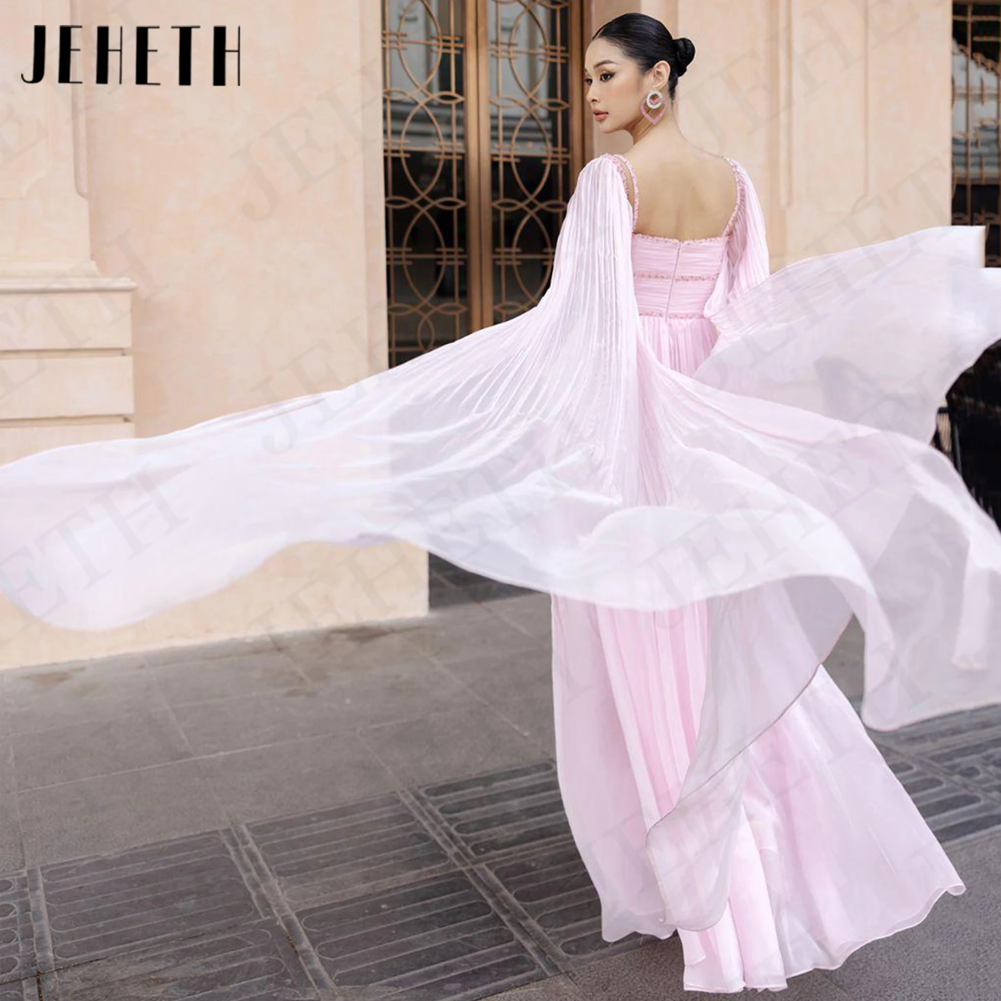 JEHETH Cape Sleeves Saudi Arabia Evening Dress Charming Chiffon A Line Pink Formal Occasion Dresses Dubai vestidos de fiesta