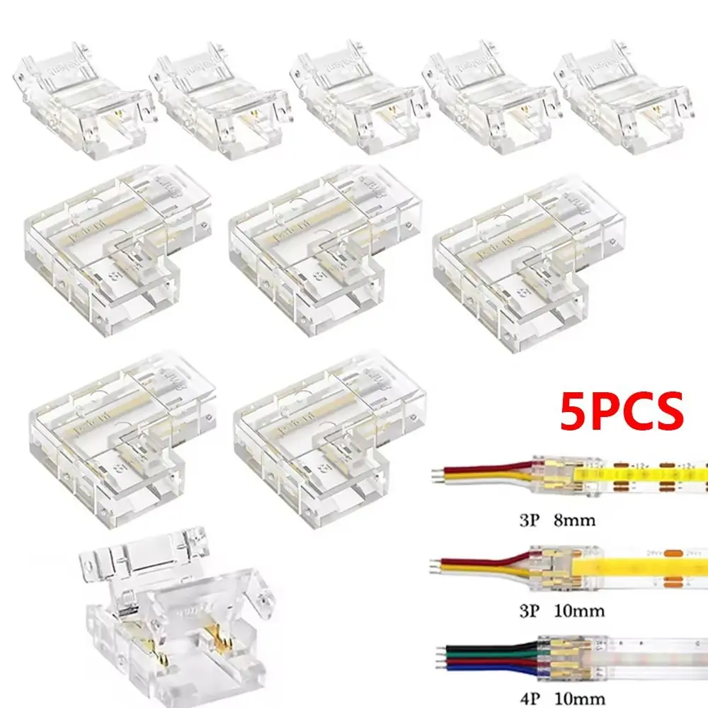5Pcs/Set Mini Buckle COB Connector 2/3/4Pin Transparent L-Shaped Corner Solderless LED Strip Connector