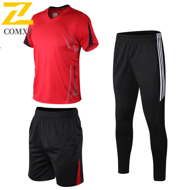 

COMXZ Men Casual Sports Suit 3-Piece Set Summer Quick Dry Short Sleeve T-Shirt windproof Jacket Pants Activewear Training Outfit
