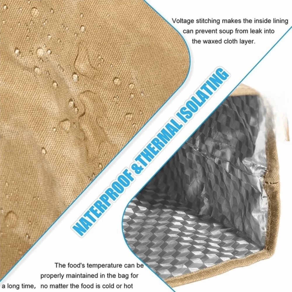 

Large Capacity Waxed Canvas Lunch Bag Waterproof Anti-fouling Aluminum Foil Ice Bag Thermal Insulation Reusable