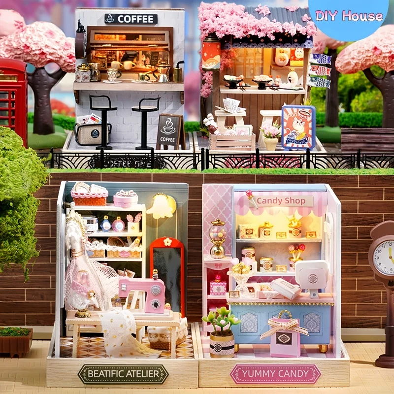DIY Miniatures Sakura Noodles Coffee Shop Wooden Handmade Assemble Model House Kit Desktop Ornament Home Decoration Crafts Gifts