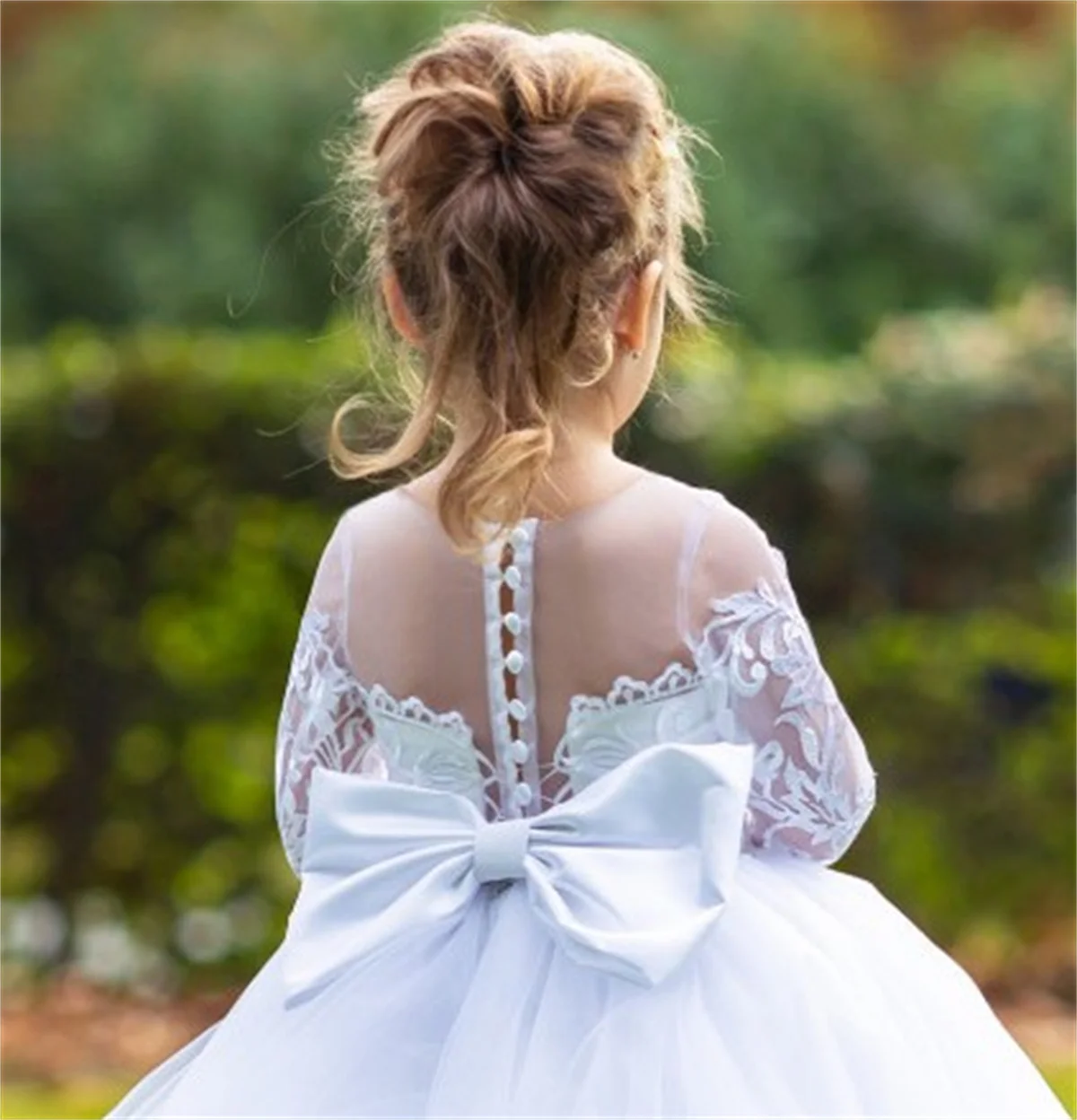 Vestidos de flores para niñas, apliques de encaje de tul esponjoso blanco, manga larga para bodas, fiesta de cumpleaños, regalo de primera comunión de princesa