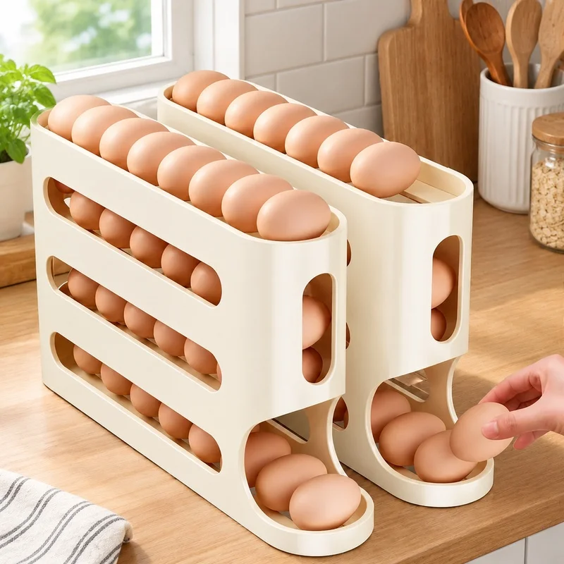 4-Tier Ladder-Style Egg Holder for Refrigerator Side Door, Large Capacity with Auto-Rolling Mechanism