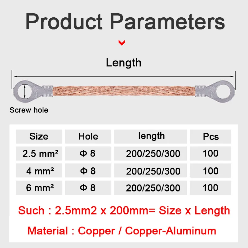 100Pcs Bridge Ground Wire 2.5/4/6mm2 square Copper Aluminum Hole Size 8mm Grounding Cable Wire For PV Solar Distribution Box