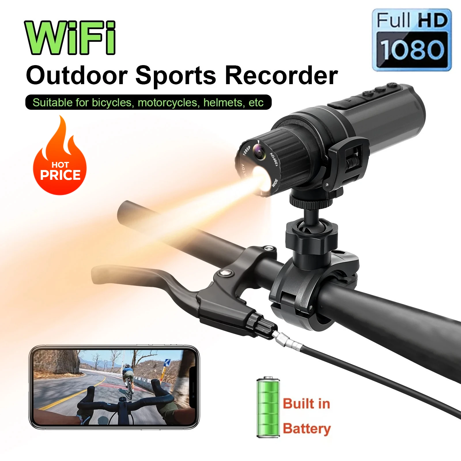 

1080P HD WIFI Action Camera Battery Mini Outdoor Cycling Cam Sport Video Flashlight Bicycle Motorcycle Helmet Driver Recorder