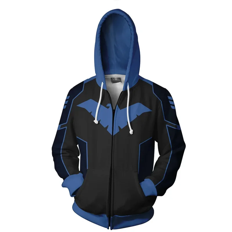 2023 New Autumn Winter Man 3D Print Nightwing Cosplay Zip Up Hoodie Hooded Jacket Clothing Halloween Party Prop