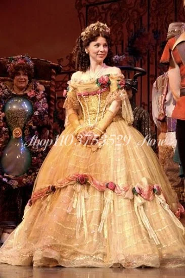 Gold Fluffy Victorian Evening Dress Elegant Strapless 3D Flower Applique Dreamy Princess Puffy Dress فستان سهرة نسائي