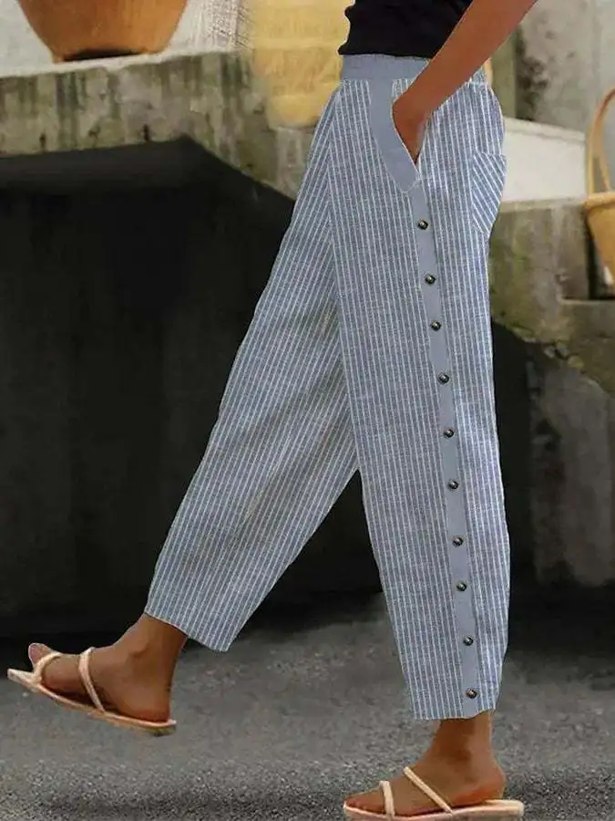 Summer Women's Striped 9-point Pants Fashion Button Elastic Waist Pocket Casual Thin Versatile Basic Pants
