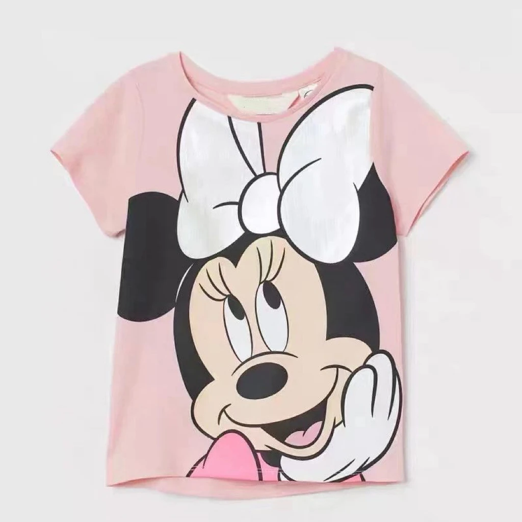 Minnie Printing T-shirt Babies Girls O-neck Bottoming Shirt Fashion Simple Cute Short Sleeve Tops Child Cartoon Clothes