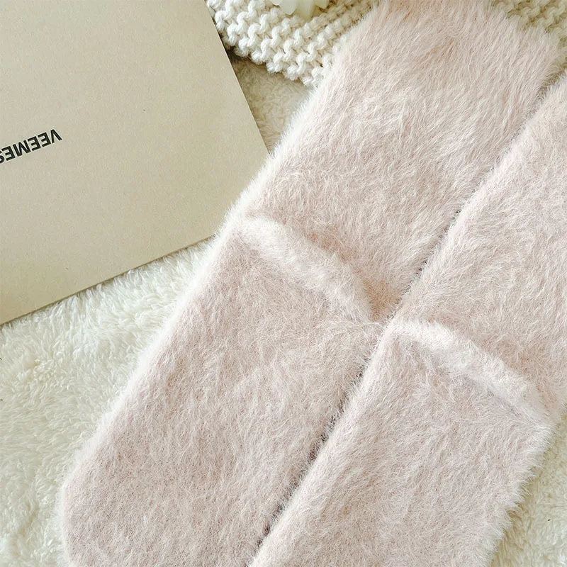 Sweet Pink Rabbits Bowknot Imitation Mink Socks Winter Plush Warm Home Sleeping Socks Ins Japanese Cartoon Cute Furry Tube Socks