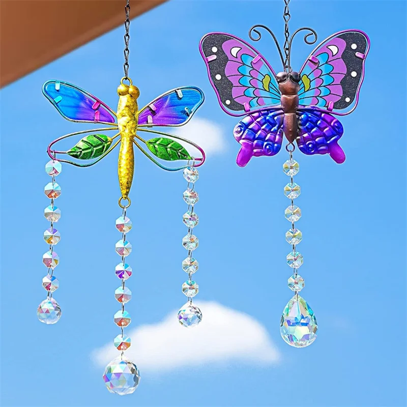 Colorful Purple Gold Crystal Pendant Garden Suncatcher Wind Chimes Crystal Chain Rainbow Prism For Home Window Party Decoration