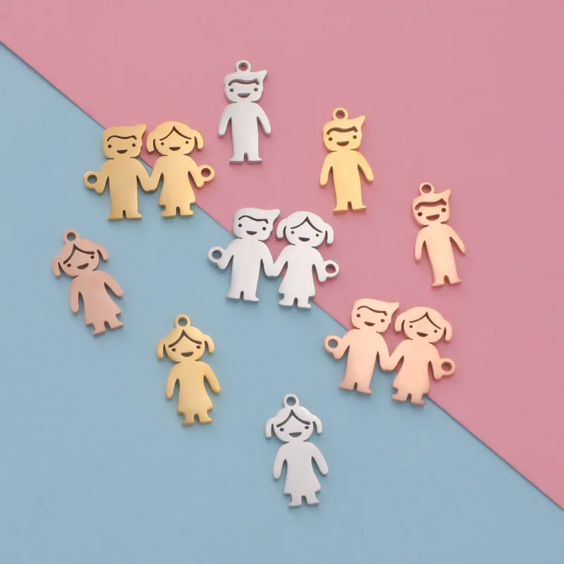10Pcs/Lot Cute Girls Boys Charms Mirror Polish Stainless Steel Pendant For DIY Fashion Jewelry Accessories Wholesale