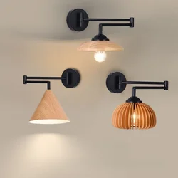 Japanese Log Bedroom Bedside Wall Lamp Simple Nordic Solid Wood Telescopic Folding Rocker Arm Retro Wood Wall Lamp