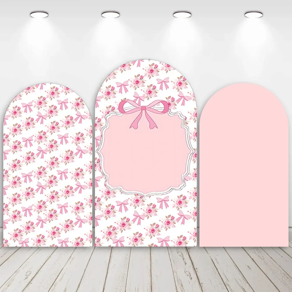 Mehofond Custom 2-Sided Pink Floral Bow Pattern Girl Birthday Party Baby Shower Cover Chiara Arch Wall Background Decor Backdrop