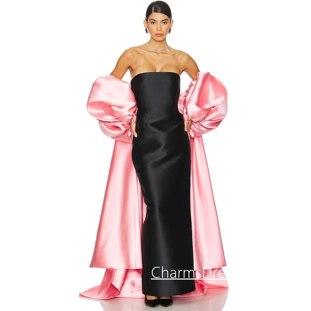 Mikado Satin Evening Dress Detachable Cape Puff Sleeves Customized Strapless Floor Length Saudi Arabian Party Gowns