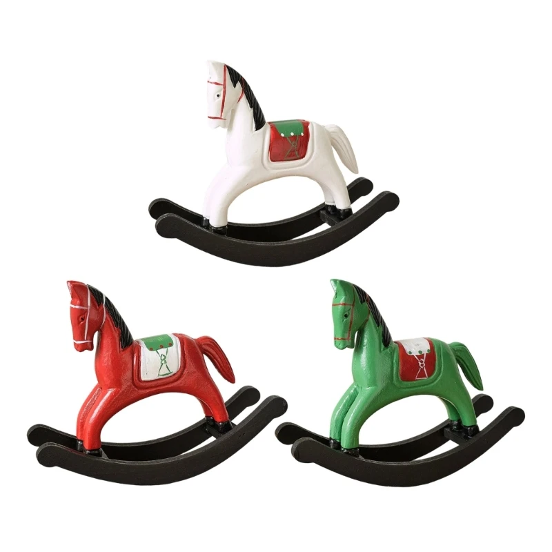 

U2JC Wooden Rocking Horse Statue Sculptures Decorative Animal Figurines Ornament
