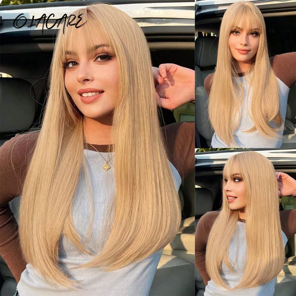 OLACARE Long Blonde Wavy Platinum Blonde Wigs with Bangs Cosplay Party Lolita Synthetic Wigs for Women Heat Resistant Fiber