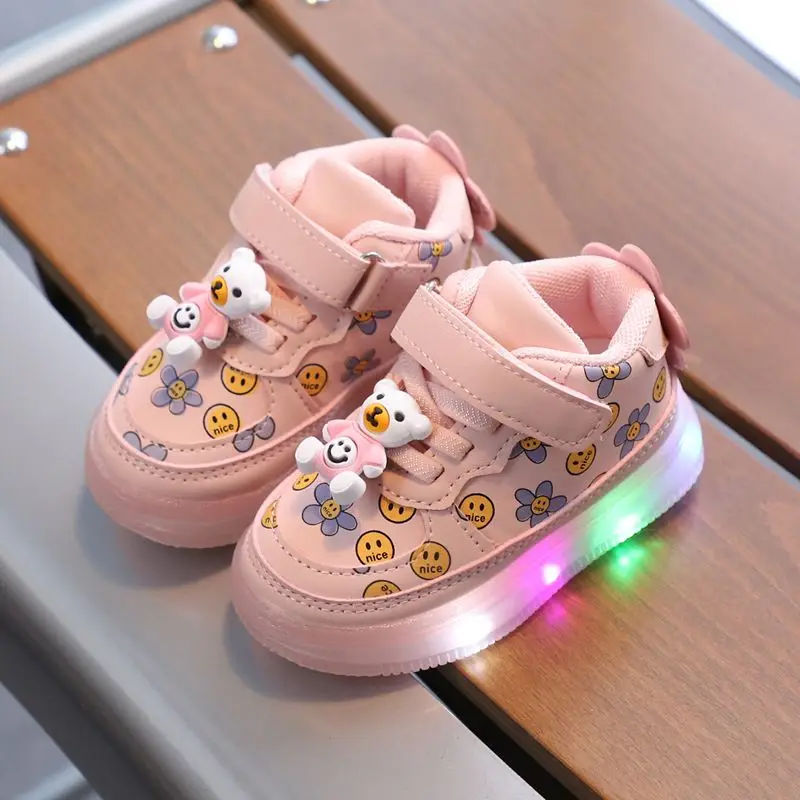 New Baby Kids Toddler Shoes Leather Board Shoe Smile Strawberry Printed LED Luminous Sneakers Casual Shoes for Girls Age for1-6