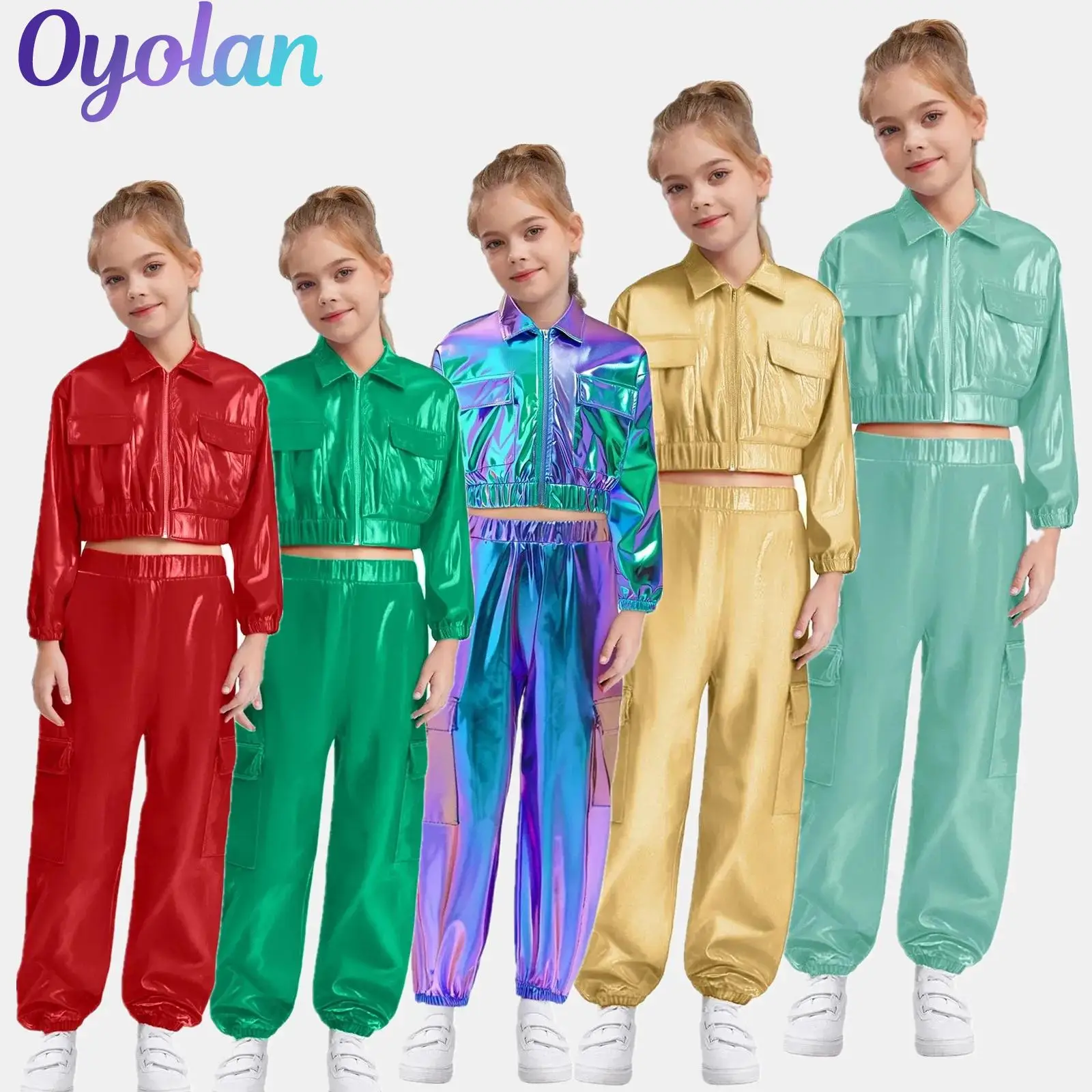 

Kids Boys Girls Hip-Hop Jazz Dance Performance Costume Metallic Jacket Turn-Down Collar Long Sleeve Outwear with Shiny Pants