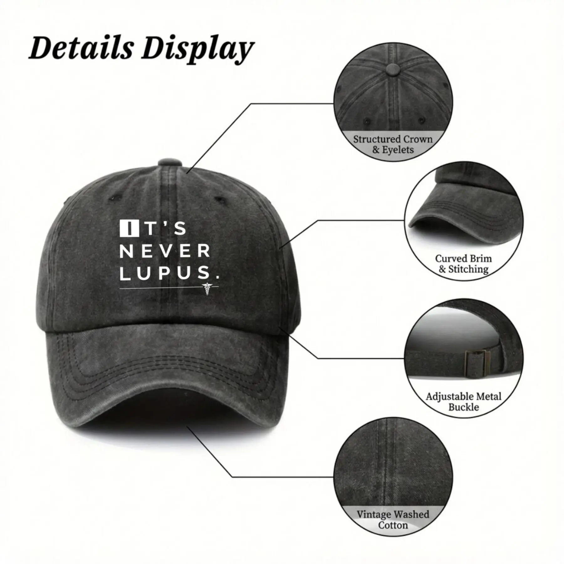 Its Never Lupus” Medical Trendy Dad Hat with Soft Top Design, Street Culture Baseball Cap, Lightweight Fabric, Breathable and Comfortable, Outdoor Sports Sunshade Driving Hat