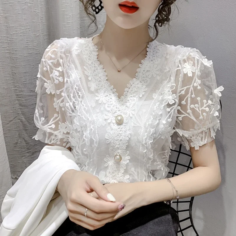 Vintage Lace Blouses Womens 2024 Summer Fashion Elegant White Blusas Mujer Casual V Neck See Through Sexy Puff Sleeve Y2k Tops