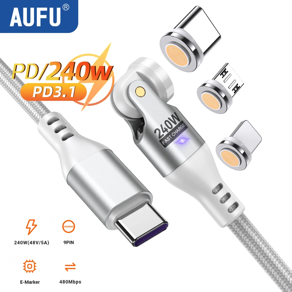 AUFU 마그네틱 USB C에서 USB C타입 고속 충전 케이블, 맥북, 삼성, 샤오미, 아이폰 PD3.1, USB-C 자석 충전기 코드, 240W, 5A