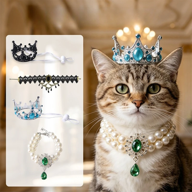 Pet Crown Set Headband Round Royal King Queen Crown Costume Hat for Cats Small Dogs Birthday Party Festival Dress Up Photo Props